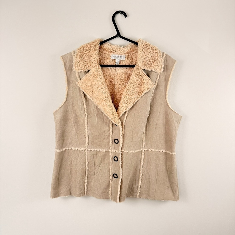 VTG Concepts by Conrad C Tan Faux‎ Suede Fur Vest Womens 16 Beige Western Boho